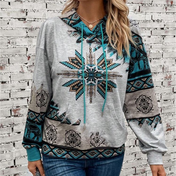 🌵Turquoise Aztec Tribal Print Kangaroo Pocket Drawstring Hoodie - Picture 6 of 10